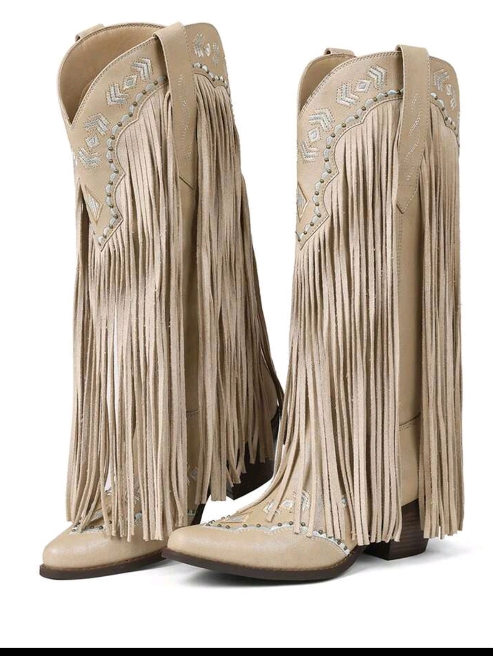 Fringe Knee-High Western Boots - Beige - Picture 8 of 9